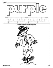 Free fall scarecrow color purple coloring page and color worksheet, purple worksheet for preschoolers to learn colors, printable PDF