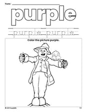 Free fall scarecrow color purple coloring page and color worksheet, purple worksheet for preschoolers to learn colors, printable PDF