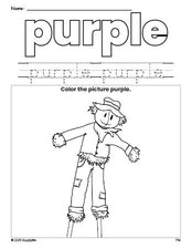 Free fall scarecrow color purple coloring page and color worksheet, purple worksheet for preschoolers to learn colors, printable PDF