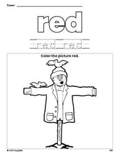 Free fall scarecrow color red coloring page and color worksheet, red worksheet for preschoolers to learn colors, printable PDF