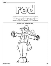 Free fall scarecrow color red coloring page and color worksheet, red worksheet for preschoolers to learn colors, printable PDF