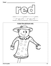 Free fall scarecrow color red coloring page and color worksheet, red worksheet for preschoolers to learn colors, printable PDF