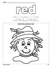 Free fall scarecrow color red coloring page and color worksheet, red worksheet for preschoolers to learn colors, printable PDF