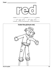 Free fall scarecrow color red coloring page and color worksheet, red worksheet for preschoolers to learn colors, printable PDF