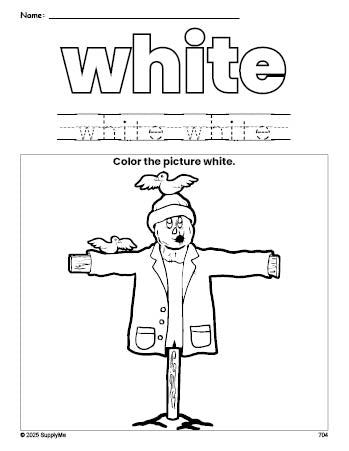 Free fall scarecrow color white coloring page and color worksheet, white worksheet for preschoolers to learn colors, printable PDF