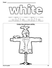 Free fall scarecrow color white coloring page and color worksheet, white worksheet for preschoolers to learn colors, printable PDF