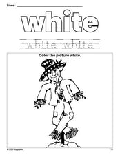 Free fall scarecrow color white coloring page and color worksheet, white worksheet for preschoolers to learn colors, printable PDF