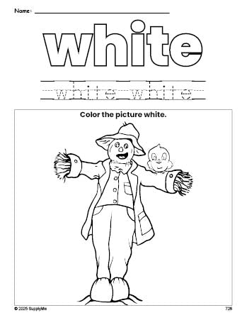 Free fall scarecrow color white coloring page and color worksheet, white worksheet for preschoolers to learn colors, printable PDF