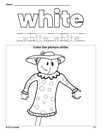 Free fall scarecrow color white coloring page and color worksheet, white worksheet for preschoolers to learn colors, printable PDF