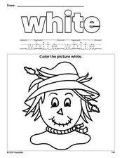 Free fall scarecrow color white coloring page and color worksheet, white worksheet for preschoolers to learn colors, printable PDF