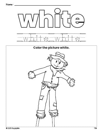 Free fall scarecrow color white coloring page and color worksheet, white worksheet for preschoolers to learn colors, printable PDF