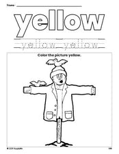 Free fall scarecrow color yellow coloring page and color worksheet, yellow worksheet for preschoolers to learn colors, printable PDF