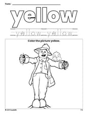 Free fall scarecrow color yellow coloring page and color worksheet, yellow worksheet for preschoolers to learn colors, printable PDF