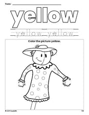 Free fall scarecrow color yellow coloring page and color worksheet, yellow worksheet for preschoolers to learn colors, printable PDF