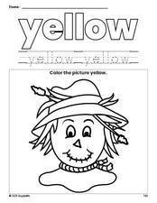 Free fall scarecrow color yellow coloring page and color worksheet, yellow worksheet for preschoolers to learn colors, printable PDF