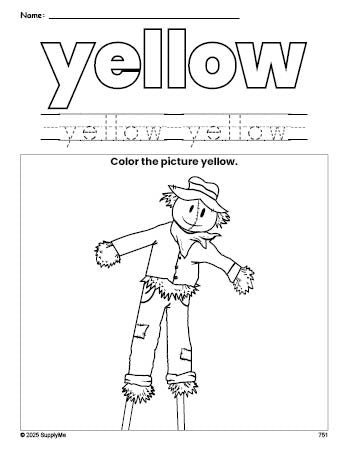 Free fall scarecrow color yellow coloring page and color worksheet, yellow worksheet for preschoolers to learn colors, printable PDF