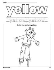 Free fall scarecrow color yellow coloring page and color worksheet, yellow worksheet for preschoolers to learn colors, printable PDF