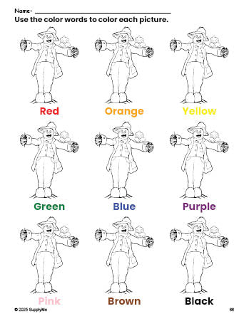 Free fall scarecrow coloring page and color worksheet for preschoolers to learn colors, printable PDF