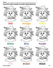 Free fall scarecrow coloring page and color worksheet for preschoolers to learn colors, printable PDF