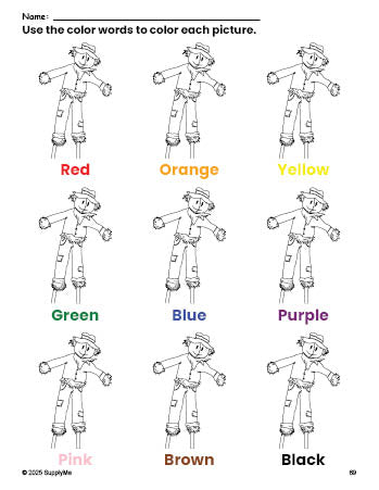 Free fall scarecrow coloring page and color worksheet for preschoolers to learn colors, printable PDF