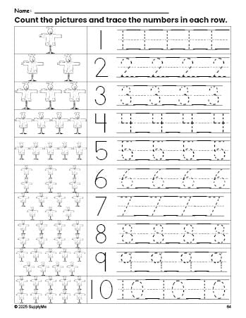 Free printable fall scarecrow counting worksheet for preschool and pre-k with number tracing practice 1-10, PDF