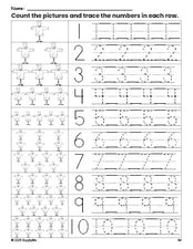 Free printable fall scarecrow counting worksheet for preschool and pre-k with number tracing practice 1-10, PDF