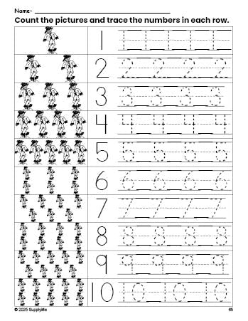 Free printable fall scarecrow counting worksheet for preschool and pre-k with number tracing practice 1-10, PDF