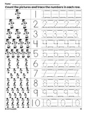 Free printable fall scarecrow counting worksheet for preschool and pre-k with number tracing practice 1-10, PDF