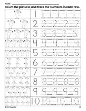 Free printable fall scarecrow counting worksheet for preschool and pre-k with number tracing practice 1-10, PDF