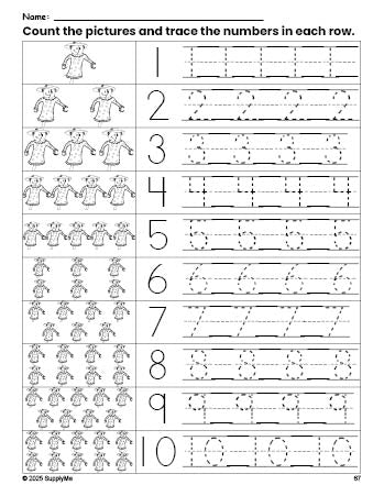 Free printable fall scarecrow counting worksheet for preschool and pre-k with number tracing practice 1-10, PDF