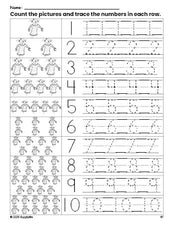 Free printable fall scarecrow counting worksheet for preschool and pre-k with number tracing practice 1-10, PDF