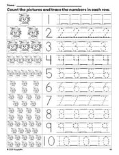 Free printable fall scarecrow counting worksheet for preschool and pre-k with number tracing practice 1-10, PDF