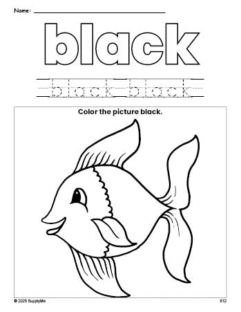 Free fish color black coloring page and color worksheet, black worksheet for preschoolers to learn colors, printable PDF