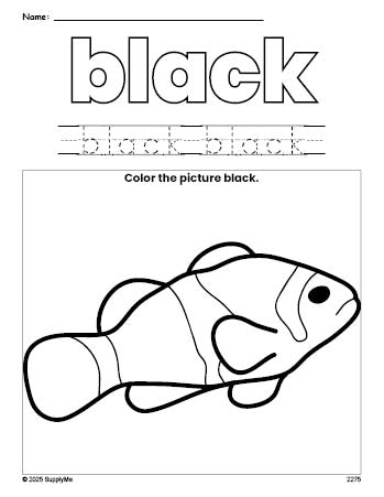 Free fish color black coloring page and color worksheet, black worksheet for preschoolers to learn colors, printable PDF