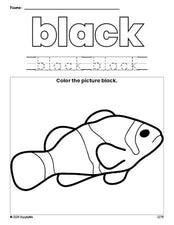 Free fish color black coloring page and color worksheet, black worksheet for preschoolers to learn colors, printable PDF