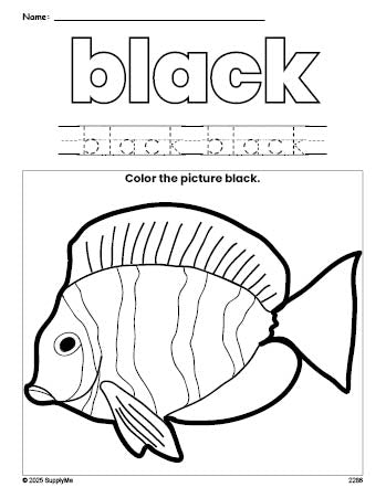 Free fish color black coloring page and color worksheet, black worksheet for preschoolers to learn colors, printable PDF