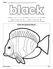 Free fish color black coloring page and color worksheet, black worksheet for preschoolers to learn colors, printable PDF