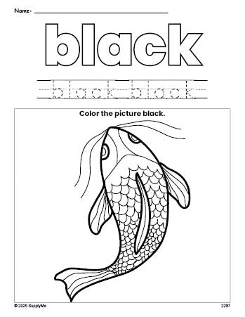 Free fish color black coloring page and color worksheet, black worksheet for preschoolers to learn colors, printable PDF