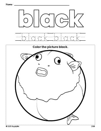 Free fish color black coloring page and color worksheet, black worksheet for preschoolers to learn colors, printable PDF