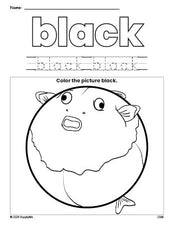 Free fish color black coloring page and color worksheet, black worksheet for preschoolers to learn colors, printable PDF