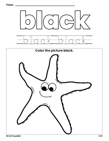 Free fish color black coloring page and color worksheet, black worksheet for preschoolers to learn colors, printable PDF