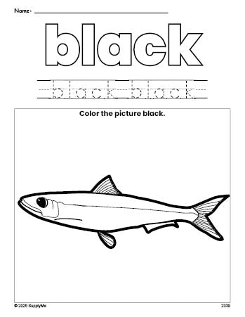 Free fish color black coloring page and color worksheet, black worksheet for preschoolers to learn colors, printable PDF