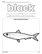 Free fish color black coloring page and color worksheet, black worksheet for preschoolers to learn colors, printable PDF