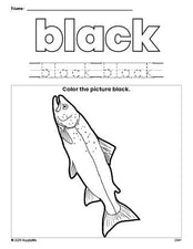 Free fish color black coloring page and color worksheet, black worksheet for preschoolers to learn colors, printable PDF