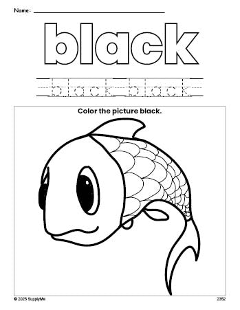 Free fish color black coloring page and color worksheet, black worksheet for preschoolers to learn colors, printable PDF