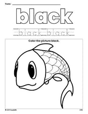 Free fish color black coloring page and color worksheet, black worksheet for preschoolers to learn colors, printable PDF