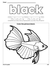 Free fish color black coloring page and color worksheet, black worksheet for preschoolers to learn colors, printable PDF