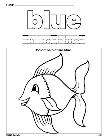 Free fish color blue coloring page and color worksheet, blue worksheet for preschoolers to learn colors, printable PDF