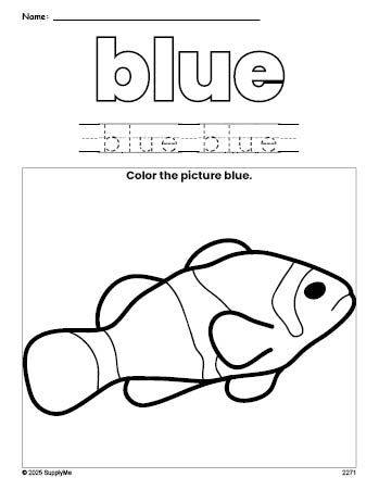 Free fish color blue coloring page and color worksheet, blue worksheet for preschoolers to learn colors, printable PDF