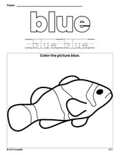 Free fish color blue coloring page and color worksheet, blue worksheet for preschoolers to learn colors, printable PDF